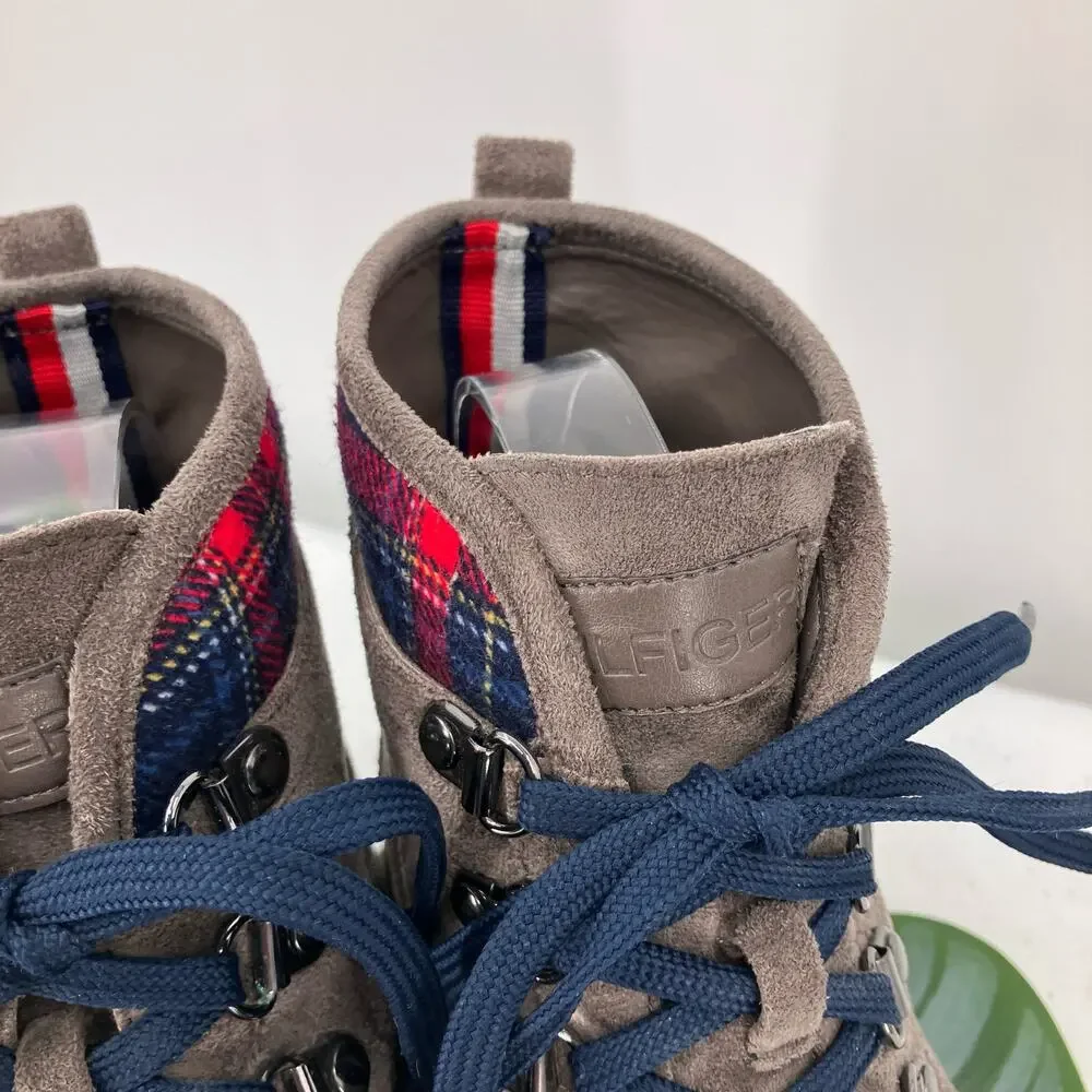 Tommy Hilfiger Gray Red Plaid Cap Top Twollia 3 Faux Suede Oxford Ankle Boots